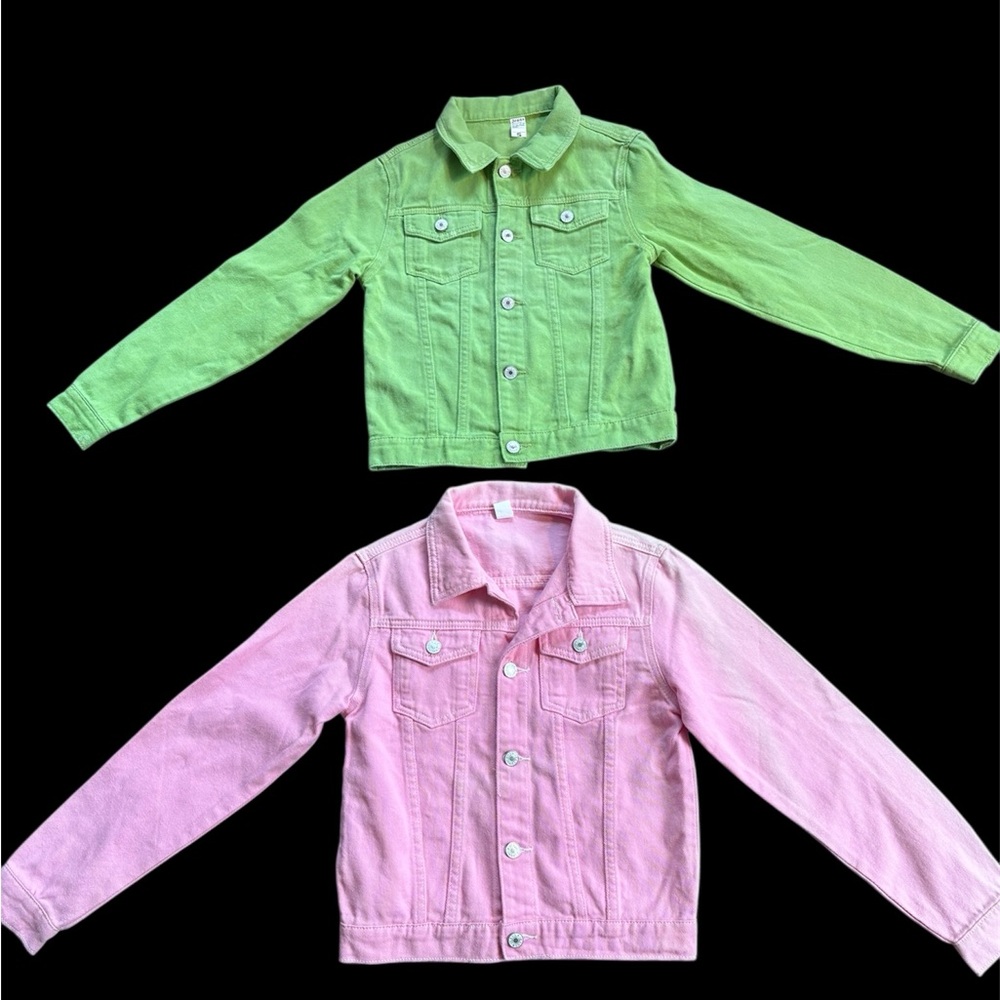 Women's small jean jackets: one pink, one green. Heavy denim style by Jeans.